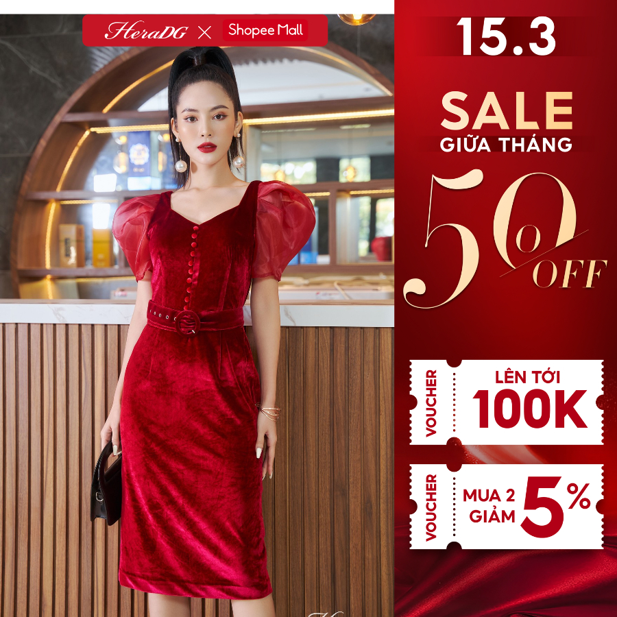 Đầm nhung dạ hội HeraDG cổ tim tay bồng WDHBA014 (không kèm đai)