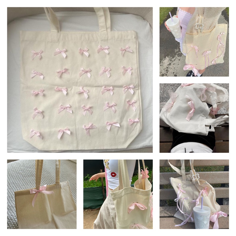 [Ảnh thật]🌷Tote bag - style coquette | Túi tote vải cotton mộc đính ruy băng nơ nhiều kiểu