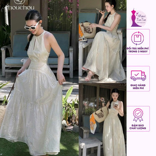 Đầm váy maxi đi biển cổ yếm hở lưng ren hoa thêu dáng dài xoè phong cách nhẹ nhàng nàng thơ-MaxiTinTin