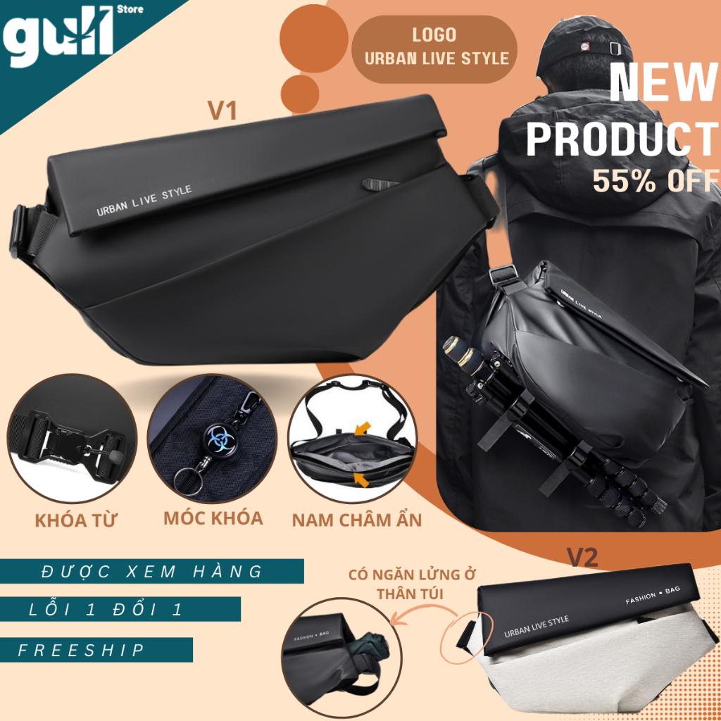 Túi đeo chéo nam URBAN LIVE STYLE thiết kế thông minh đa năng. Túi chéo nam khóa từ tính,chống bụi, chống thấm nước