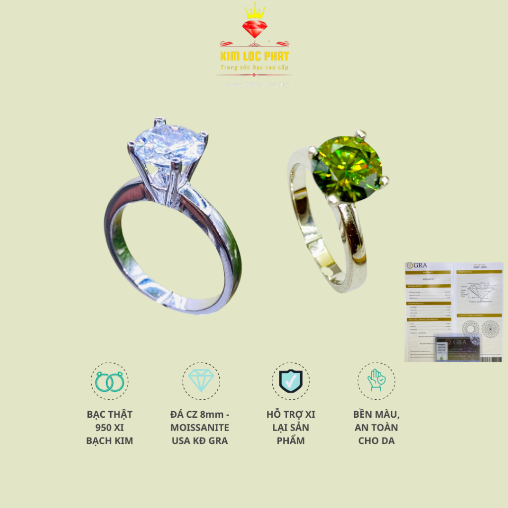 Nhẫn bạc nữ xi bạch kim 4 chấu 8mm, Nhẫn Moissanite màu trắng, Nhẫn nữ kim cương nhân tạo moissanite