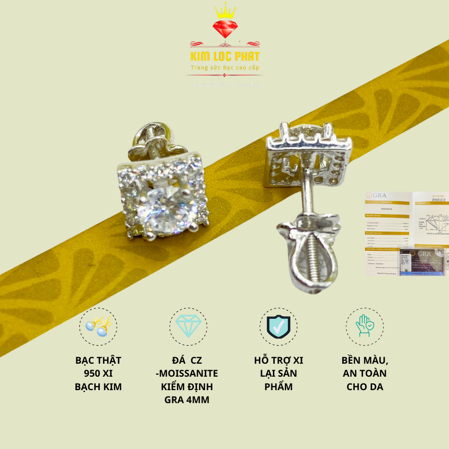 Khuyên tai nữ bạc xi bạch kim vuông nụ đá 4mm, Bông tai bạc nam moissanite màu trắng, Màu xanh, Hoa tai bạc xi vàng