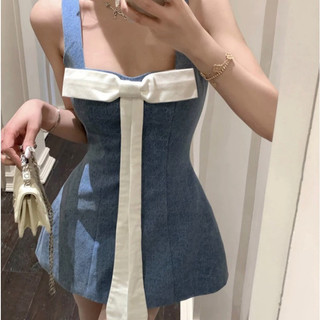 Đầm Xòe Jean Hai Dây Đính Nơ Chất Jean Dày Đẹp CC0026