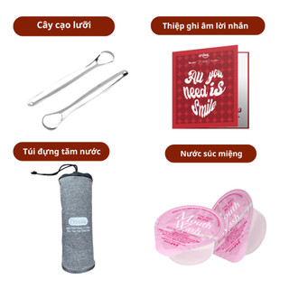  Set quà 4 món:nước súc miệng, thiệp ghi âm lời nhắn, xà phòng du lịch, cây cạo lưỡi