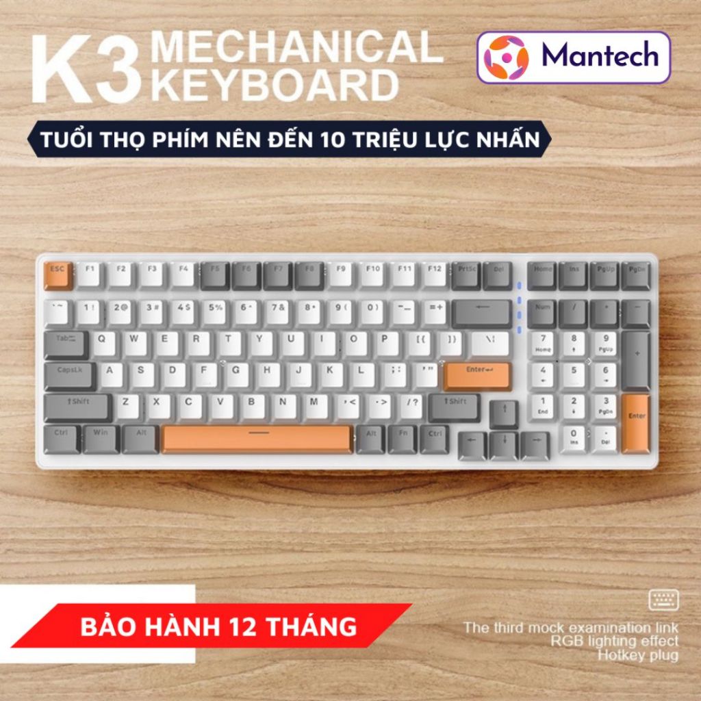 Bàn Phím Cơ Máy Tính Gaming Cao Cấp Mantech K3 LED Rainbow Cực Đẹp, Trục Cơ Red Switch Gõ Êm, Bảo Hành 12 Tháng | BigBuy360 - bigbuy360.vn