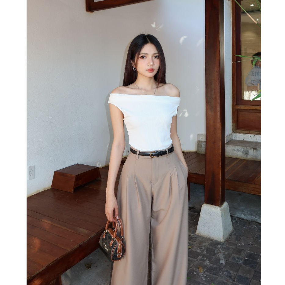 Quần Cotton nữ ống suông HHVINTAGE kiểu lưng cao ống rộng móc ngang chất Cotton Hàn co giãn A15