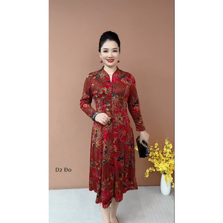 Đầm trung niên cổ tàu họa tiết sắc nét,dáng xuông che khuyết điểm chất liệu Thun Lạnh co giãn 4 chiều