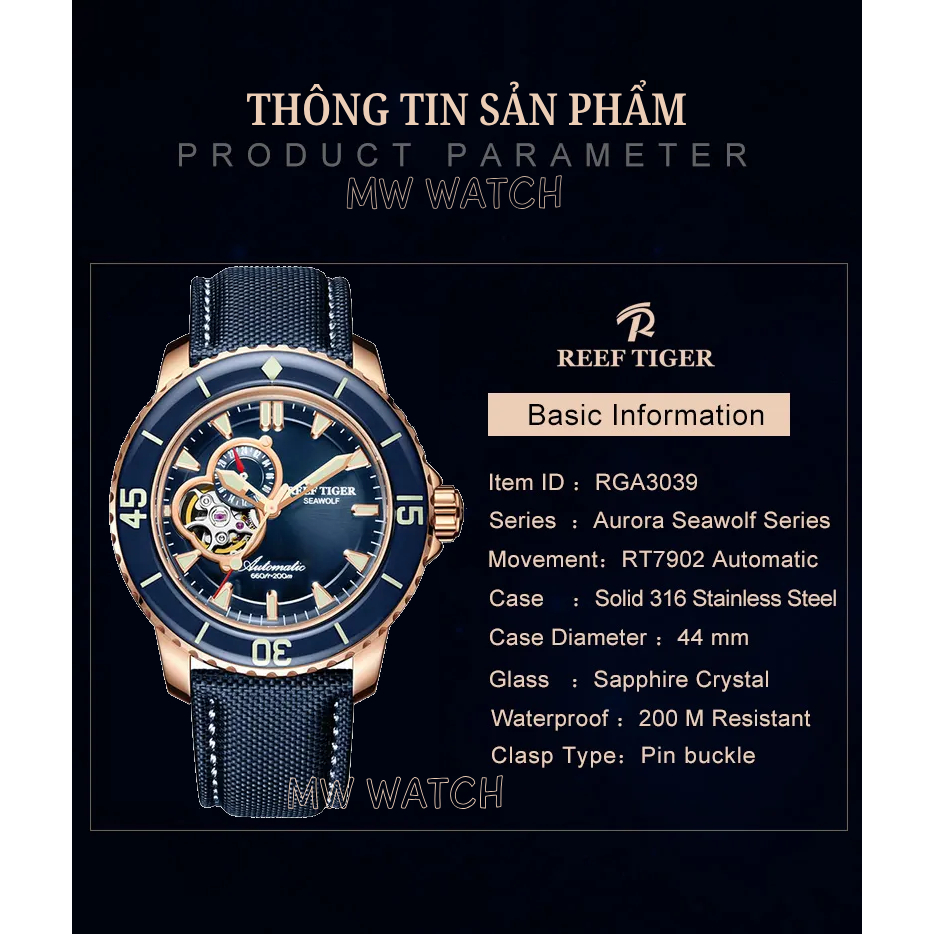 Đồng hồ nam RT Reef Tiger RGA3039 cơ lộ máy dây da , size 44mm