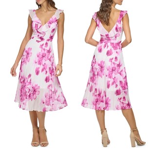 Đầm chiffon hoa hồng cổ v