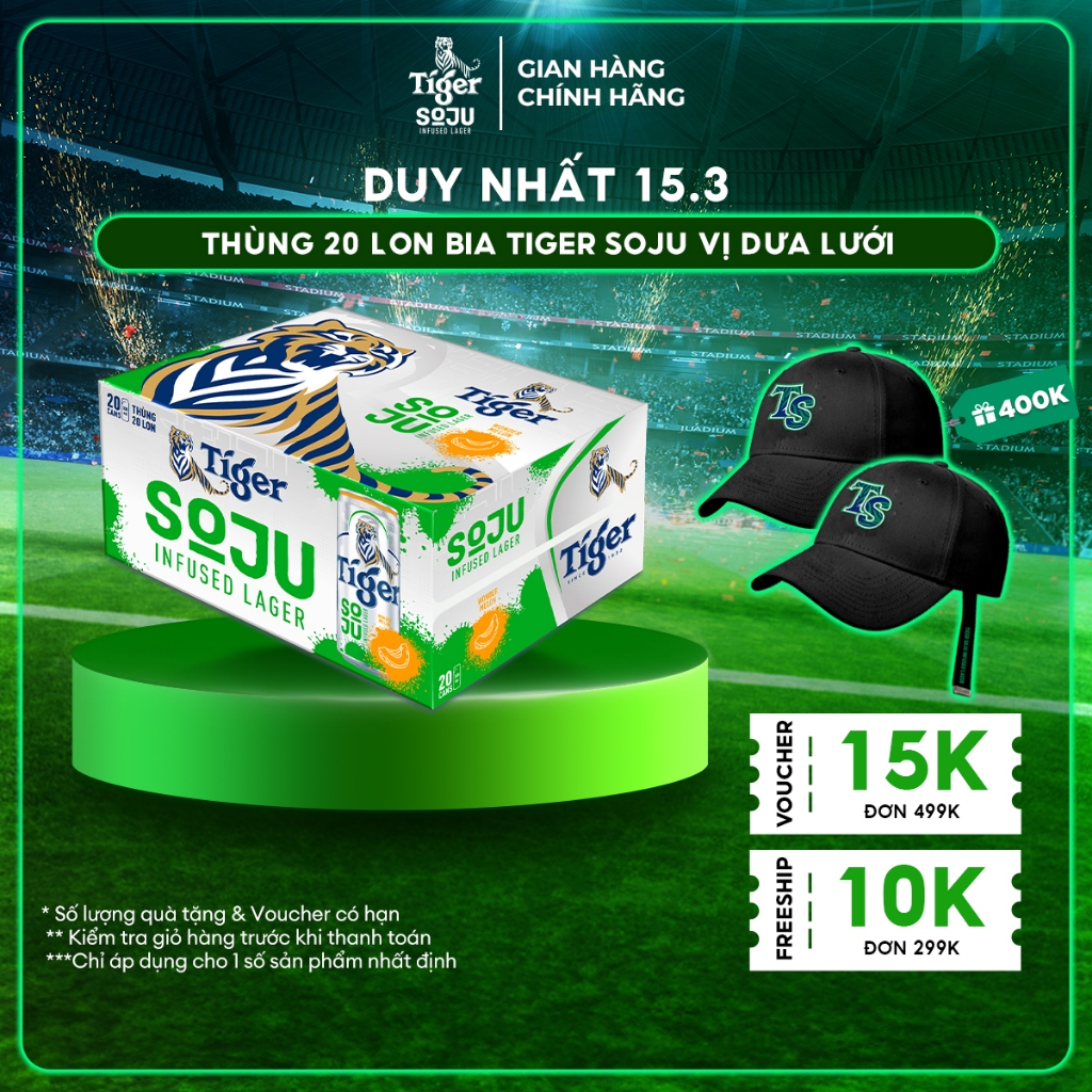 Nồng độ cồn 4% - Thùng 20 Lon Bia Tiger Soju Infused Lager Wonder Melon (vị Soju Dưa Lưới) 330ml/Lon