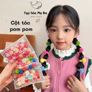 Túi 20 dây cột tóc/nơ buộc tóc đính hạt bông pom pom nhiều màu dễ thương cho bé gái siêu co giãn đàn hồi
