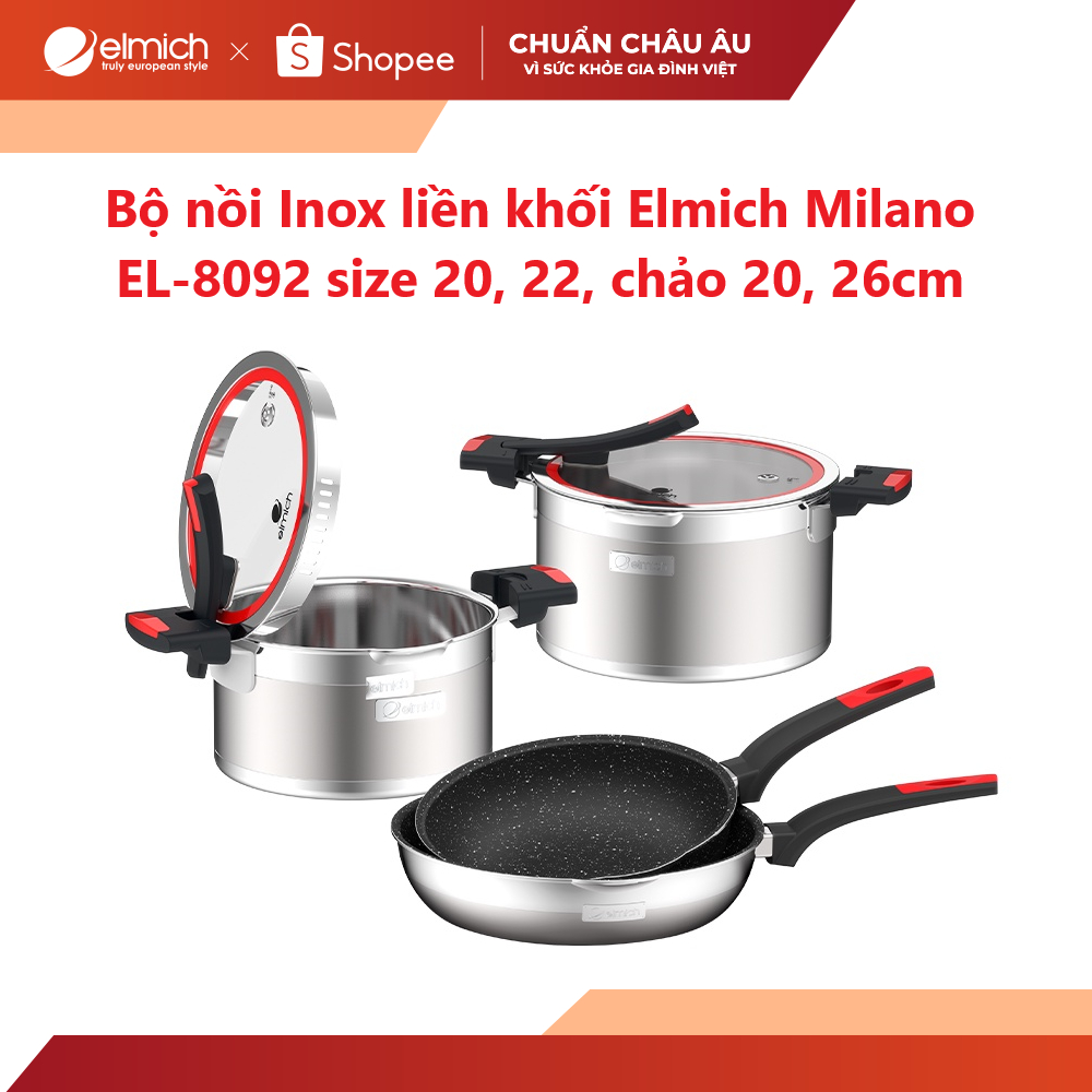 [LIFEMCMBP4 -12% đơn 250K] Bộ nồi Inox liền khối Elmich Milano EL-8092 size 20, 22, chảo 20, 26cm