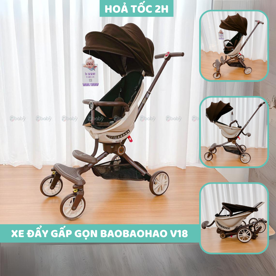  TẶNG KÈM ĐỆM MÙA HÈ !!! Xe đẩy gấp gọn Baobaohao V18 ngồi ngả 5 chế độ kèm gối da và đệm ngồi 