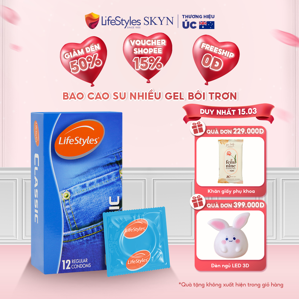 Bao cao su LifeStyles Classic thiết kế mỏng ôm sát nhiều gel 12 bao