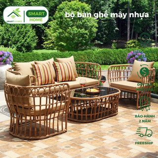 Bộ bàn ghế Sofa mây nhựa cho phòng khách gồm 4 món: 1 ghế dài, 2 ghế đơn, 1 bàn