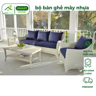 Bộ bàn ghế Sofa mây nhựa cho phòng khách gồm 4 món: 1 ghế dài, 2 ghế đơn, 1 bàn