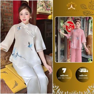 Pháp phục đi chùa tơ hạc thêu, đồ lam đi chùa voan 2 lớp cao cấp pháp phục ngọc diệp