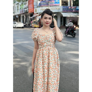 Orange Dress - Váy hoa tiết hoa tay bồng ( Ảnh thật chính chủ )