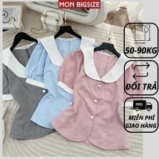 Áo bigsize nữ kiểu cổ bèo caro nút bọc vải cotton lạnh mềm mịn dự tiệc đi chơi MON big size 50 - 90kg