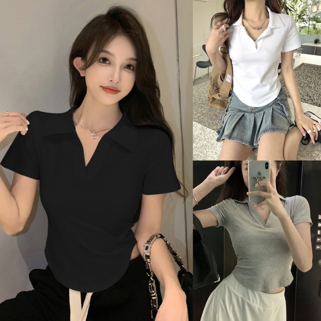 Áo Croptop Polo Cổ bẻ Bo Eo Vạt Bầu CAROLL Nữ [FREESHIP] - Thun tăm co giãn tay ngắn tôn giáng HOT T
