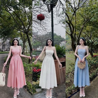 Đầm maxi thiết kế nữ mặc du lịch - dạo phố chất Lụa 100D kèm mút hai dây from váy xòe có 3 màu dễ thương nữ tính