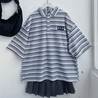 Áo Thun Polo Tay Lỡ Logo Thêu Sọc Ngang Dày Dặn Form Rộng Unisex Nam/Nữ [HÌNH THẬT]