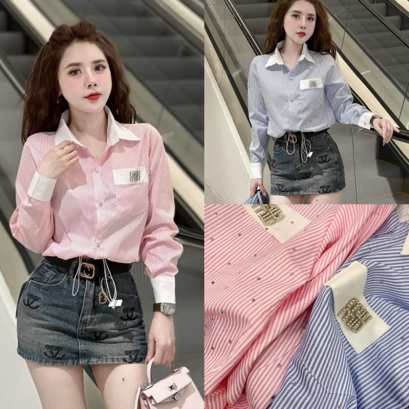 Áo Sơ Mi MiuMiu Croptop Phối Cổ Trắng Kèm Dây Rút Eo Size S M - Halinh Shop - Áo Sơ Mi Croptop Nữ Dâ