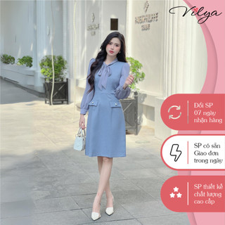Đầm/váy nữ công sở ghi xám dáng xòe VILYA vải chéo hàn phối tay voan cổ nơ tay dài cao cấp VD029