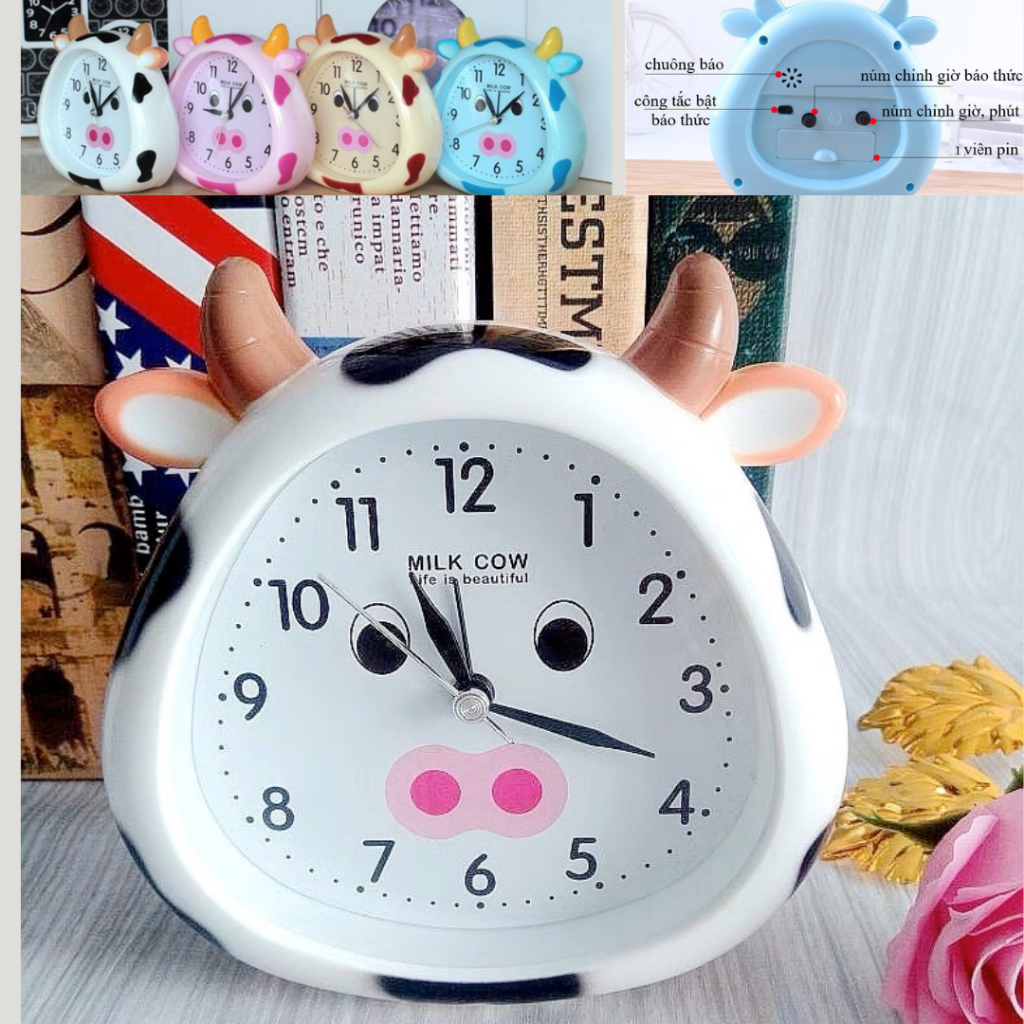 Đồng hồ báo thức để bàn mẫu bò sữa tặng kèm 01 pin AA
