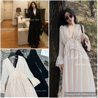 🌸 Váy maxi xẻ ngực tay loe bèo thiết kế 🌸