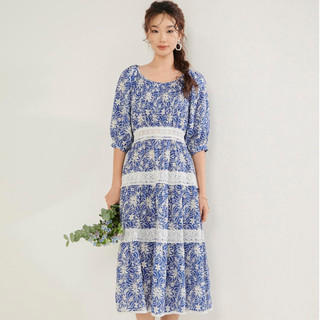 GAIETE_Đầm/váy dài maxi cotton phối ren vintage – Emma cotton maxi - Cobalt Blue
