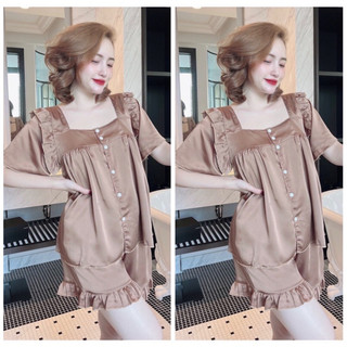 Bộ Ngủ pịama cổ vuông Nâu tay cộc quần đùi chất kate thái