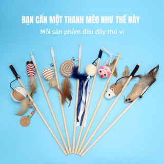 Đồ chơi cho mèo - Cần Câu cán Gỗ chuột vải lông vũ Cao Cấp bền đẹp