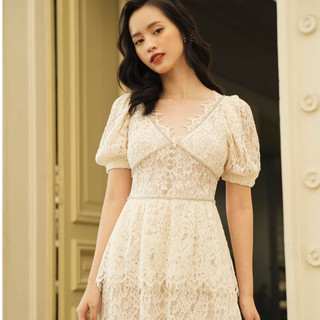 GAIETE Đầm ren có lót dáng xoè được đính đá tỉ mỉ_Lace embellished MINI