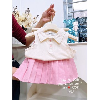 Set áo sát nách kèm chân váy xếp ly hồng cho bé gái 8-25kg