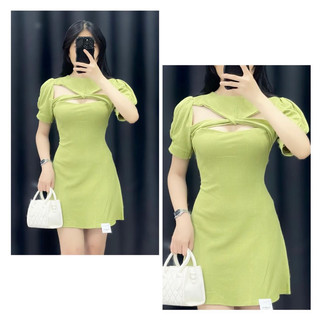 (New) Váy thun ngắn màu xanh cốm xoắn ngực