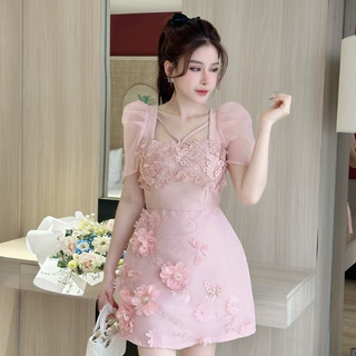 Váy nữ sang chảnh,Váy thiết kế cao cấp tay bồng đính hoa a27
