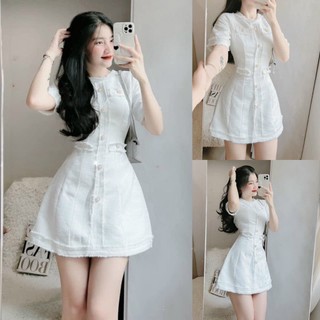 Đầm Nữ Tiểu Thư Tone Màu Trắng Đính Nút Ngọc Chất Lenin Cao Cấp Sam Closet Phù Hợp Để Tới Công Sở, Đi Làm Hoặc Đi Chơi.