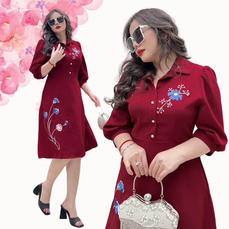 Đầm thiết kế trung niên tặng mẹ Bigsize MCGIN, đầm cổ sơ mi thêu hoa xanh, họa tiết thêu hoa tỉ mỉ tinh tế cho mẹ | CG09