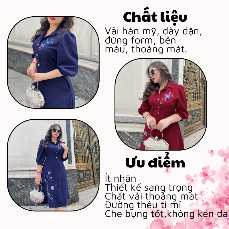 Đầm thiết kế trung niên tặng mẹ Bigsize MCGIN, đầm cổ sơ mi thêu hoa xanh, họa tiết thêu hoa tỉ mỉ tinh tế cho mẹ | CG09