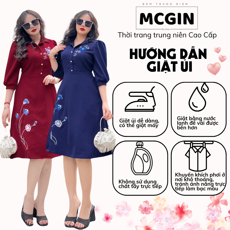 Đầm thiết kế trung niên tặng mẹ Bigsize MCGIN, đầm cổ sơ mi thêu hoa xanh, họa tiết thêu hoa tỉ mỉ tinh tế cho mẹ | CG09