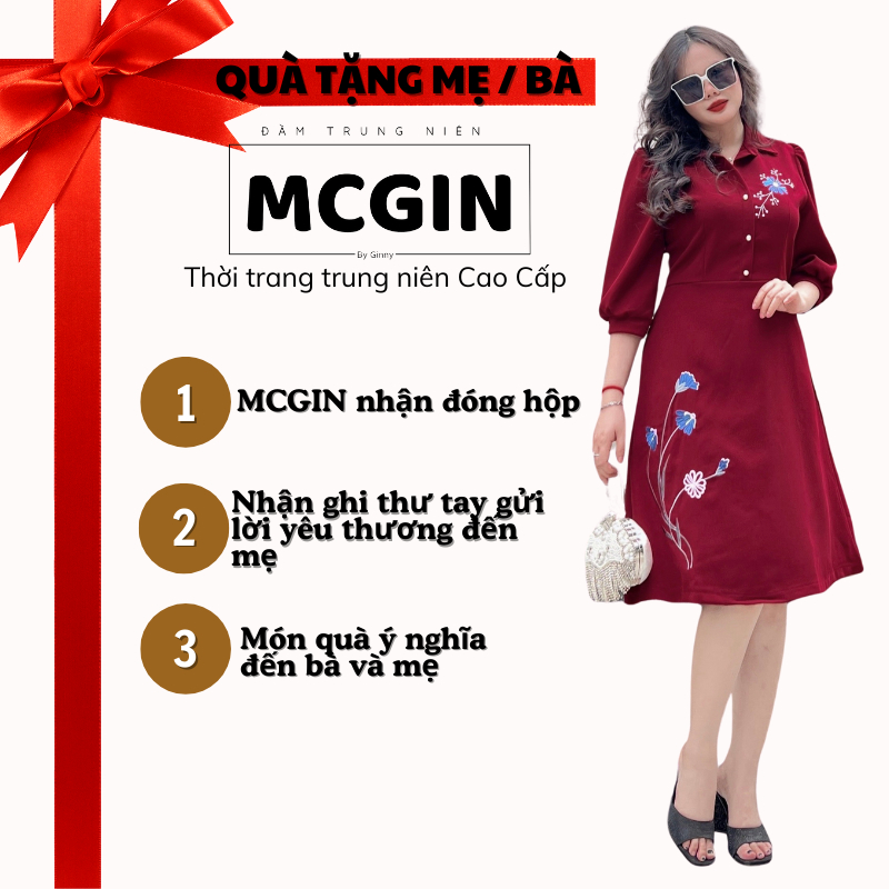Đầm thiết kế trung niên tặng mẹ Bigsize MCGIN, đầm cổ sơ mi thêu hoa xanh, họa tiết thêu hoa tỉ mỉ tinh tế cho mẹ | CG09