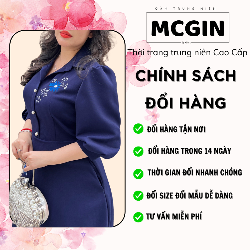 Đầm thiết kế trung niên tặng mẹ Bigsize MCGIN, đầm cổ sơ mi thêu hoa xanh, họa tiết thêu hoa tỉ mỉ tinh tế cho mẹ | CG09