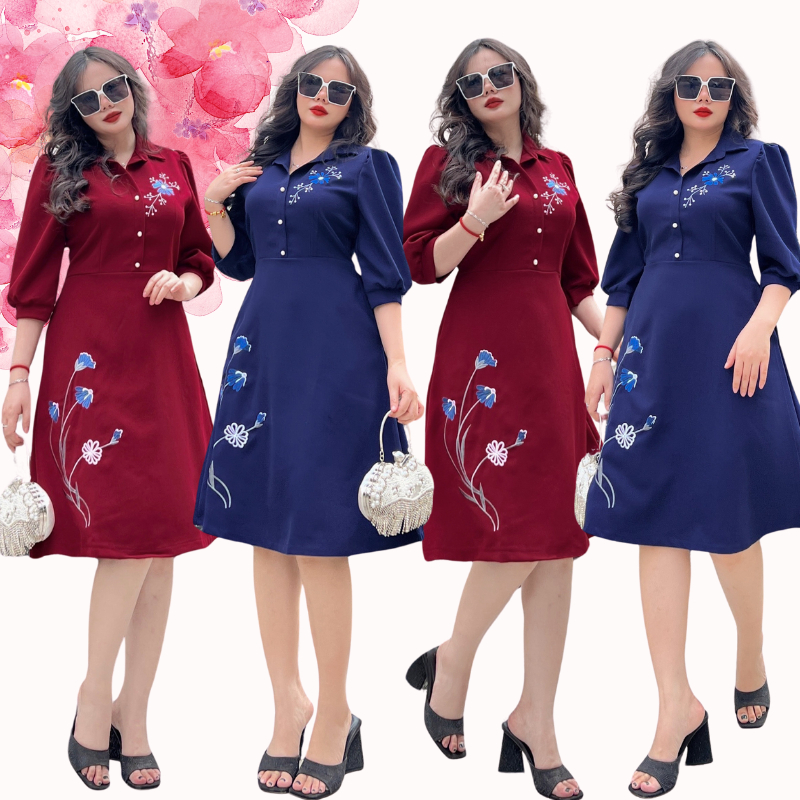 Đầm thiết kế trung niên tặng mẹ Bigsize MCGIN, đầm cổ sơ mi thêu hoa xanh, họa tiết thêu hoa tỉ mỉ tinh tế cho mẹ | CG09