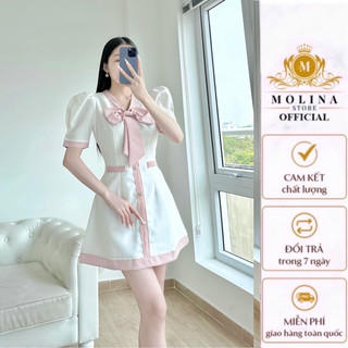 Đầm Nơ Cổ Thiết Kế Molina Chất Lụa Nắng Viền Khuy Dáng Xòe Chữ A