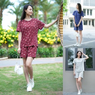 Bộ đùi nữ mặc nhà in hình hoạ tiết, bộ đồ nữ mùa hè chất liệu cotton