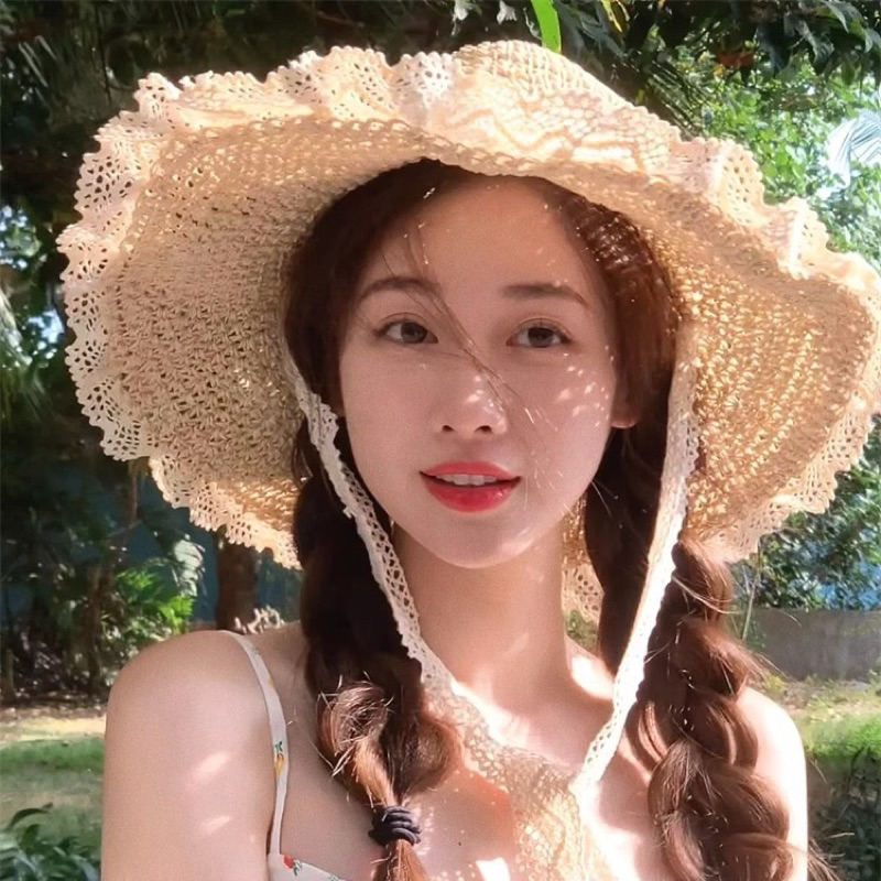 Mũ cói viền ren buộc nơ M2