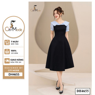 Đầm công sở CITI MODE FASHION thiết kế dáng xoè đen phối tay ngực kẻ xanh DH4655