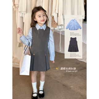  Set áo sơ mi váy mùa hè cho bé gái phong cách Hàn sang chảnh tiểu thư dễ thương 