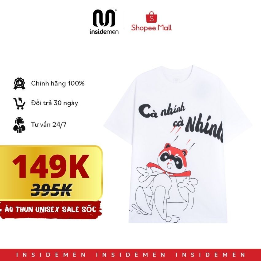 Áo thun unisex INSIDEMEN phông tay lỡ nam nữ form rộng local brand in hình gấu mèo dễ thương ITS077S3